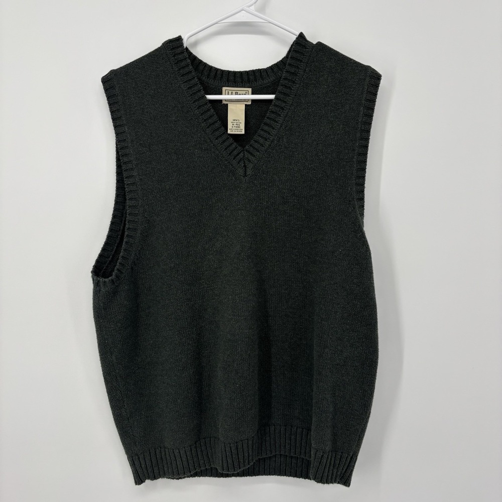 LL Bean Sweater Vest Mens Medium Green Knit Classic Fit V-Neck Pullover Cotton